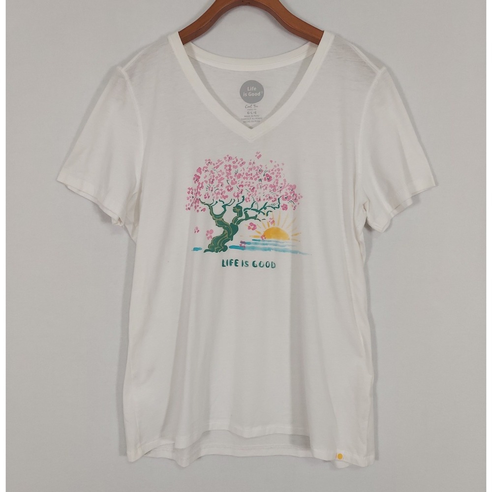 Life is Good Cool Tee Womens L White Blossom Tree V Neck Graphic T Shirt Short